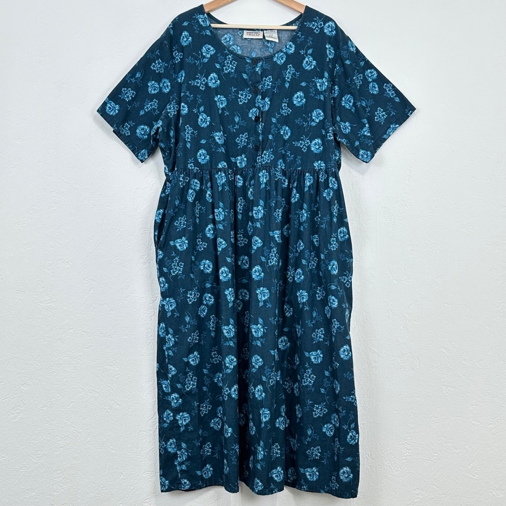 Vintage Cottagecore Prairie Midi Dress 22W Floral Pinwale Corduroy 100% Cotton